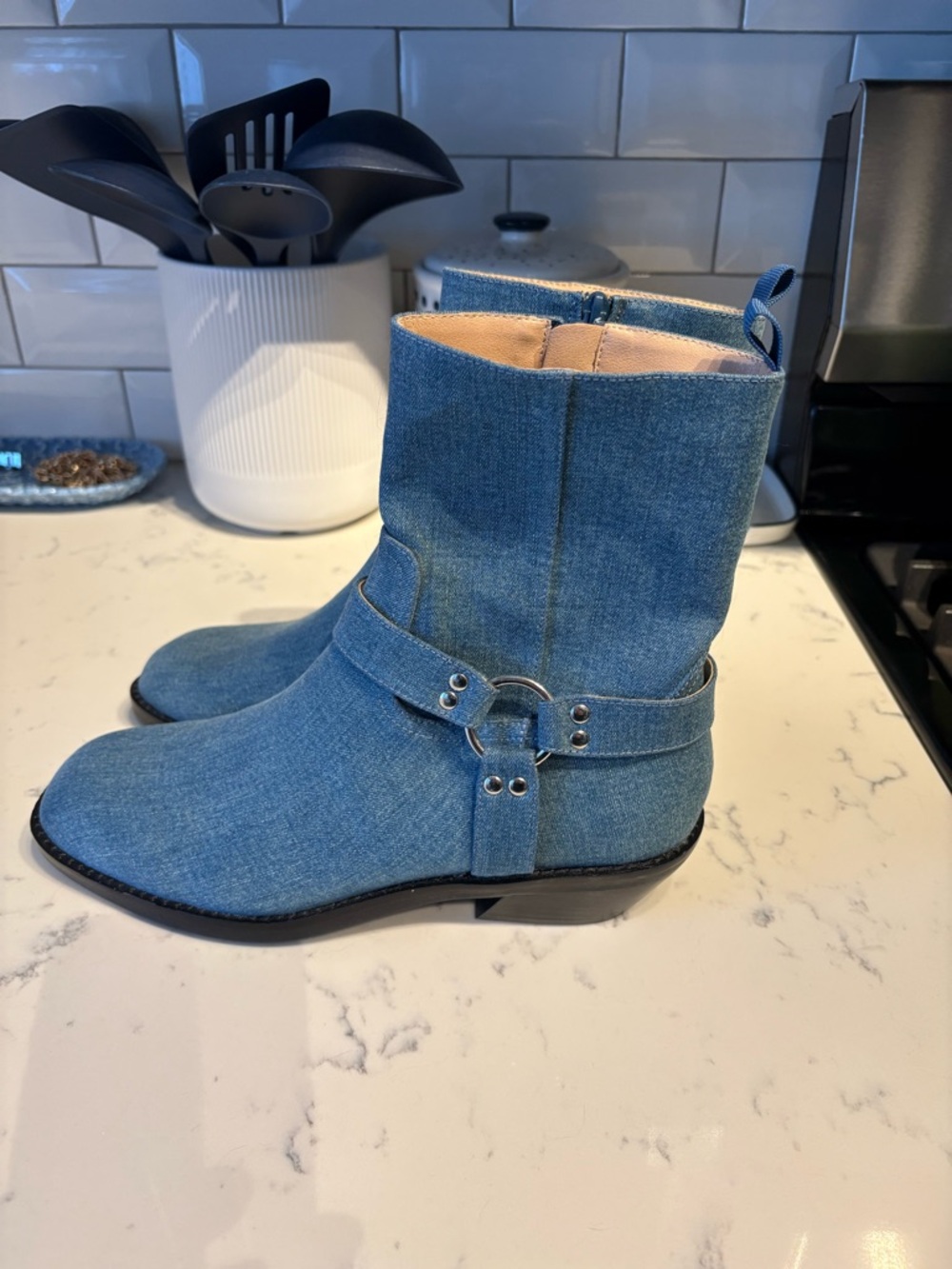Silent D Claire Denim Moto Boots. NWOT. Size 9.5.